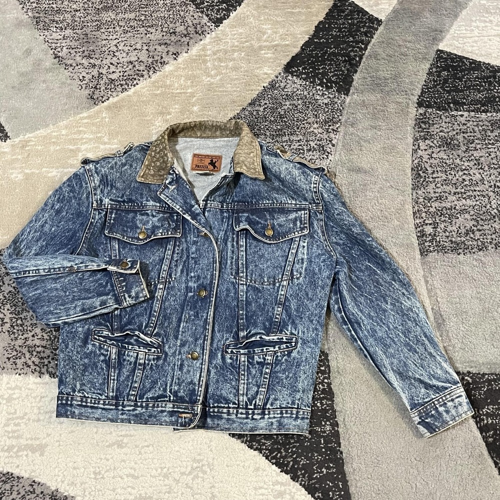 VTG Prezzia Denim Jacket Women‎ M Blue Acid Wash Western Leather Collar Rodeo